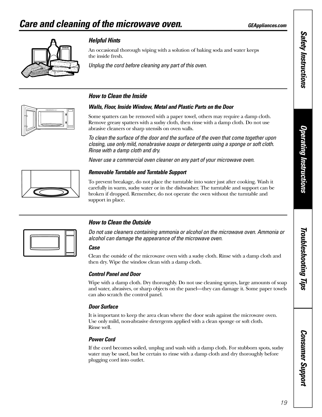 GE JE1160 Care and cleaning of the microwave oven, Helpful Hints, How to Clean the Inside, How to Clean the Outside 