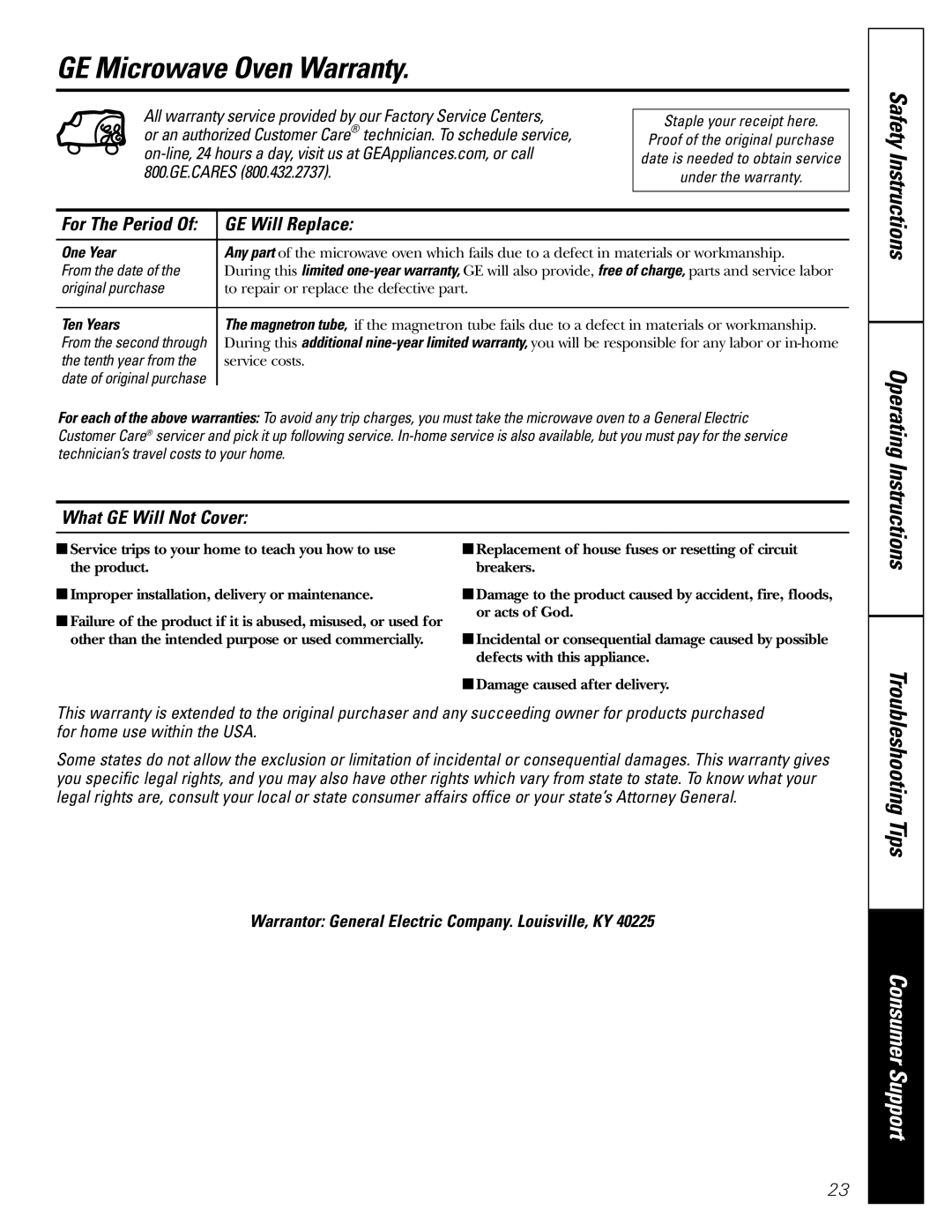 GE JE1160 owner manual GE Microwave Oven Warranty, GE Will Replace, What GE Will Not Cover 