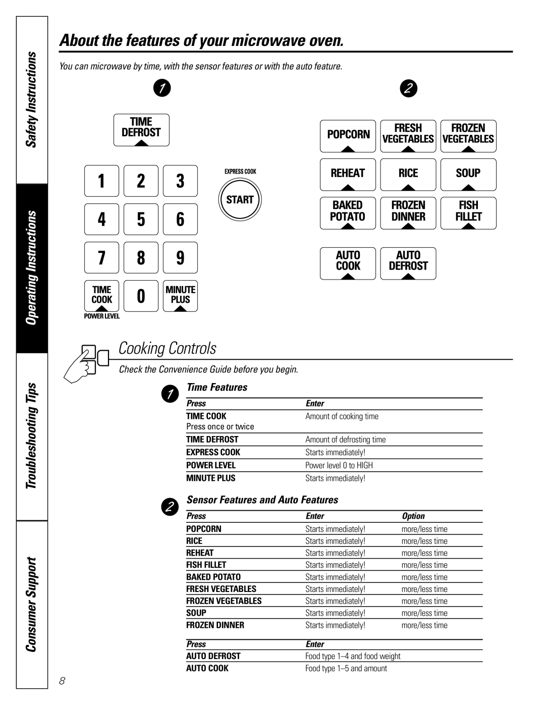 GE JE1160 owner manual Time Features, Sensor Features and Auto Features 