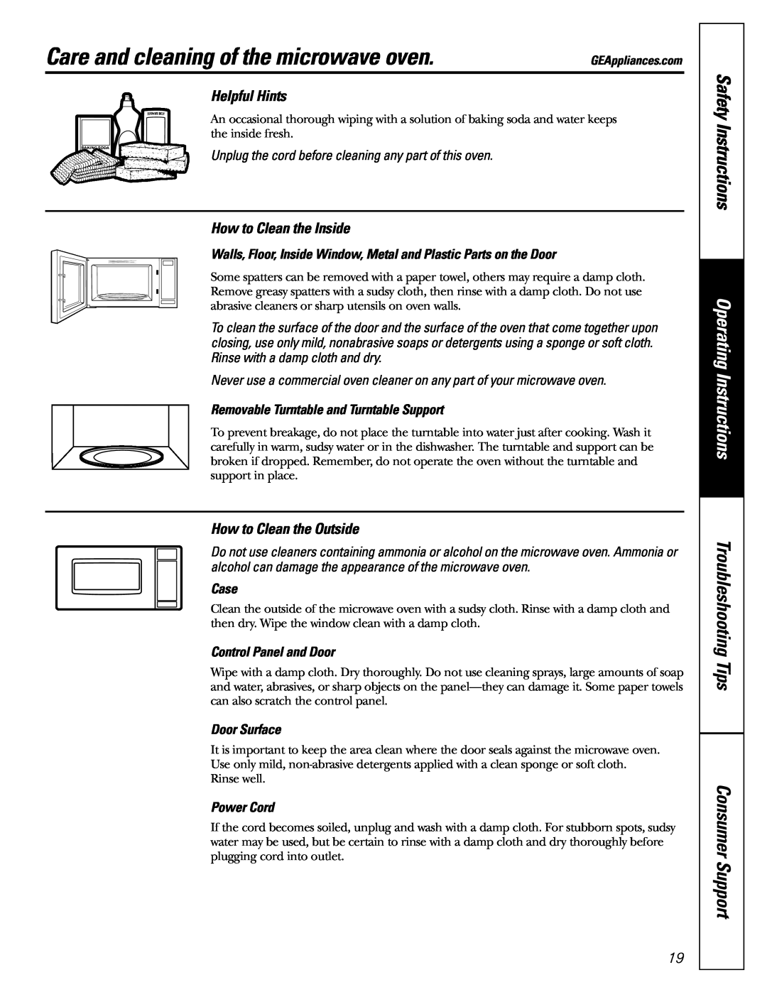 GE JE1160 Care and cleaning of the microwave oven, Safety Instructions, Operating Instructions, Case, Door Surface 