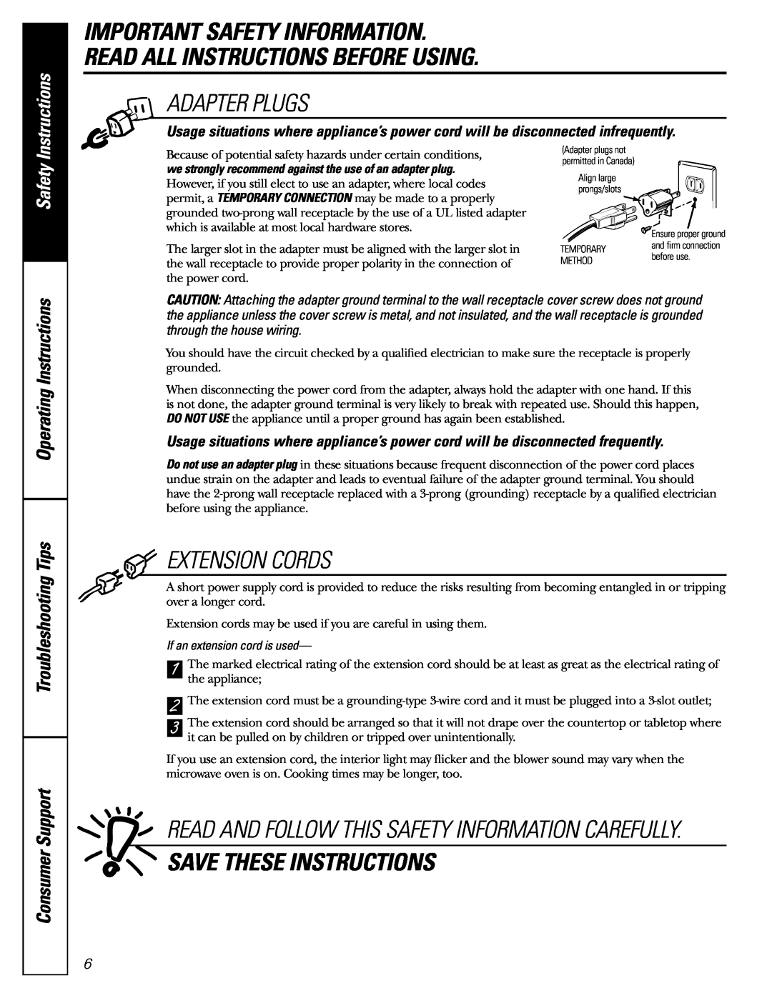 GE JE1160 owner manual Important Safety Information Read All Instructions Before Using, Adapter Plugs, Extension Cords 