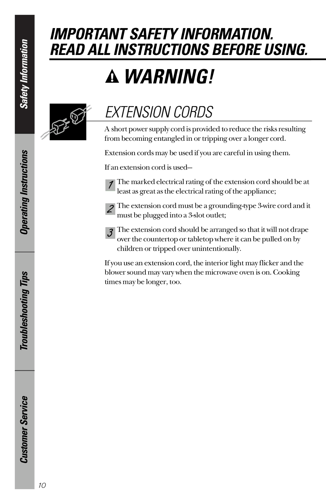 GE JE1340WC, JE1340BC owner manual Extension Cords 