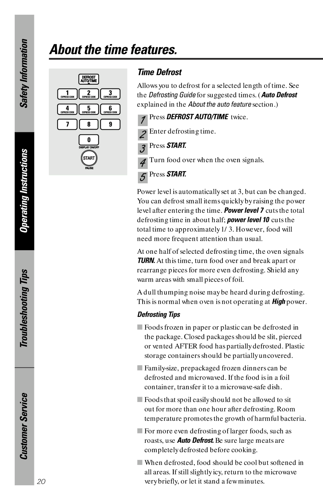 GE JE1340WC, JE1340BC owner manual Time Defrost, Press Defrost AUTO/TIME twice, Defrosting Tips 