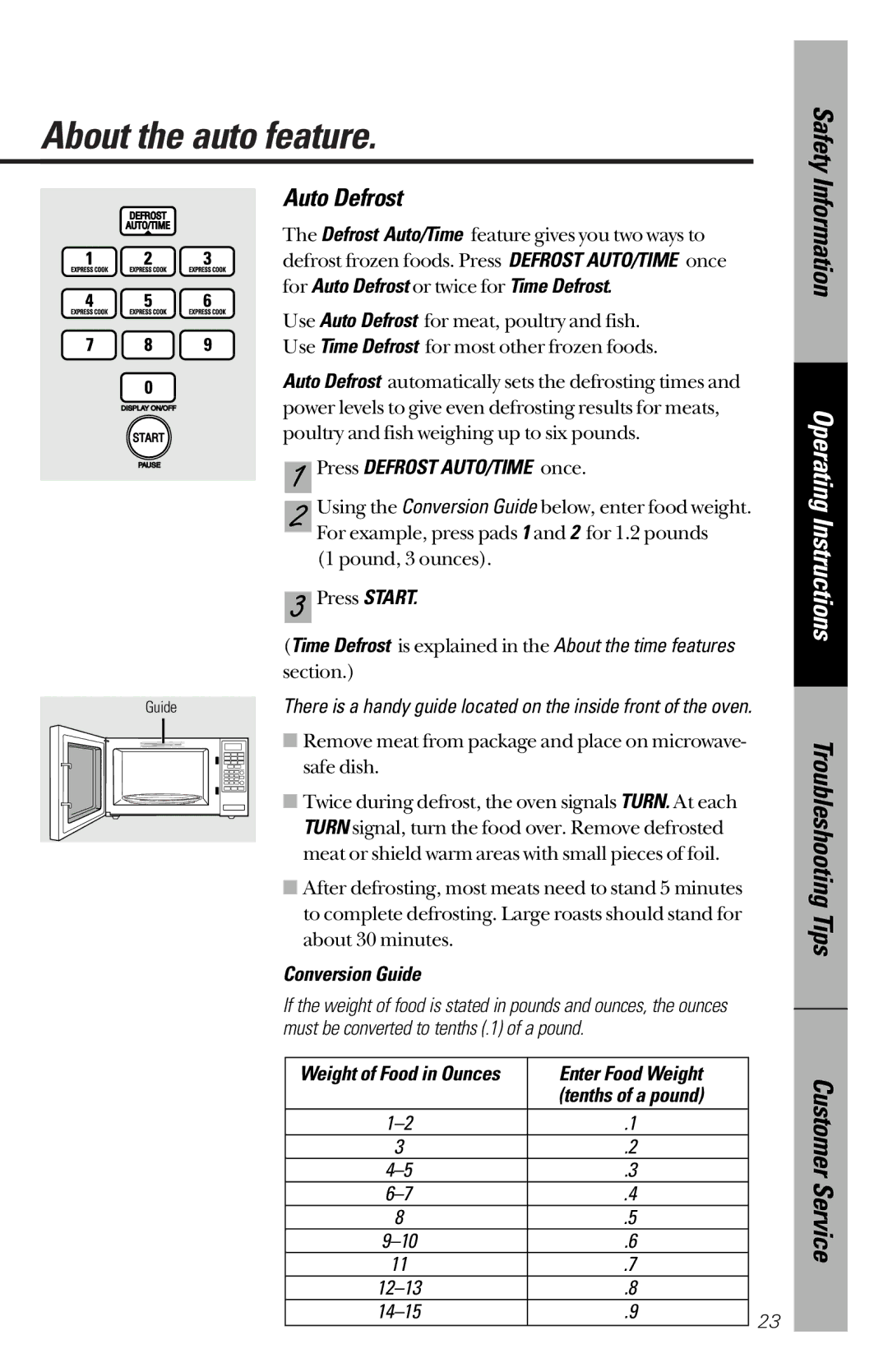 GE JE1340BC About the auto feature, Auto Defrost, Press Defrost AUTO/TIME once, Conversion Guide, Enter Food Weight 