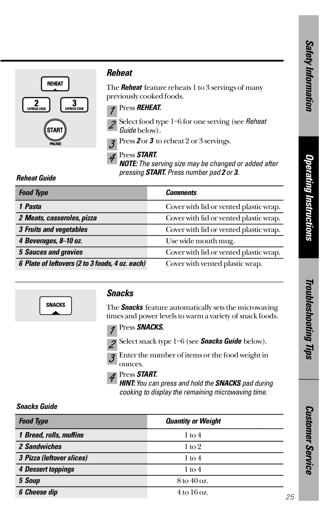 GE JE1340BC, JE1340WC owner manual Reheat, Snacks, Customer Service 