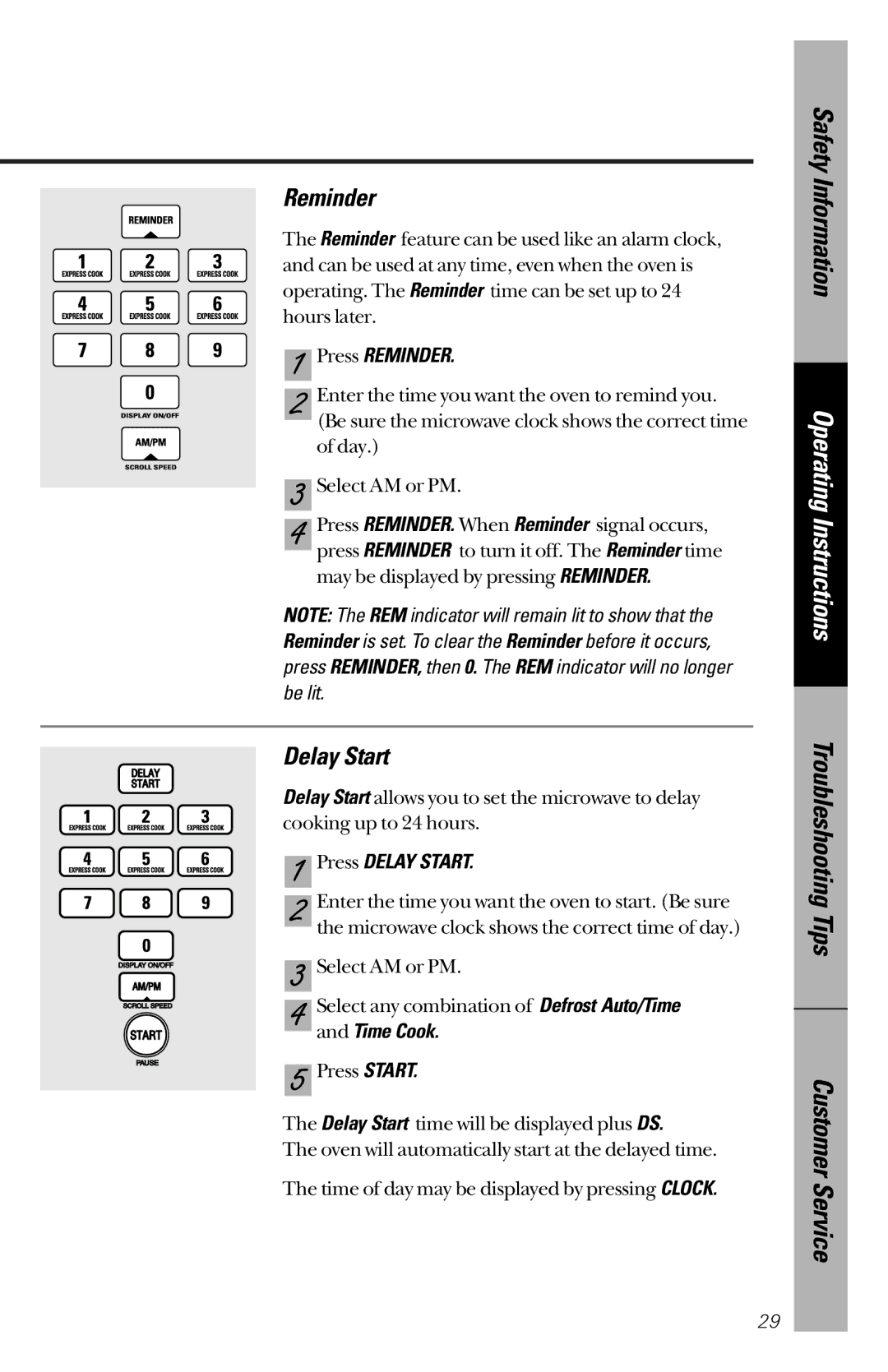 GE JE1340BC, JE1340WC owner manual Press Reminder, Press Delay Start 