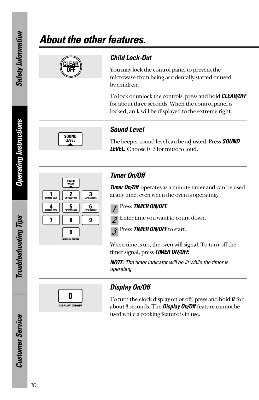 GE JE1340WC, JE1340BC owner manual Child Lock-Out, Sound Level, Timer On/Off, Display On/Off, Press Timer ON/OFF 