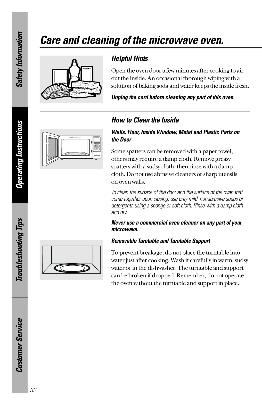 GE JE1340WC, JE1340BC Helpful Hints, How to Clean the Inside, Unplug the cord before cleaning any part of this oven 