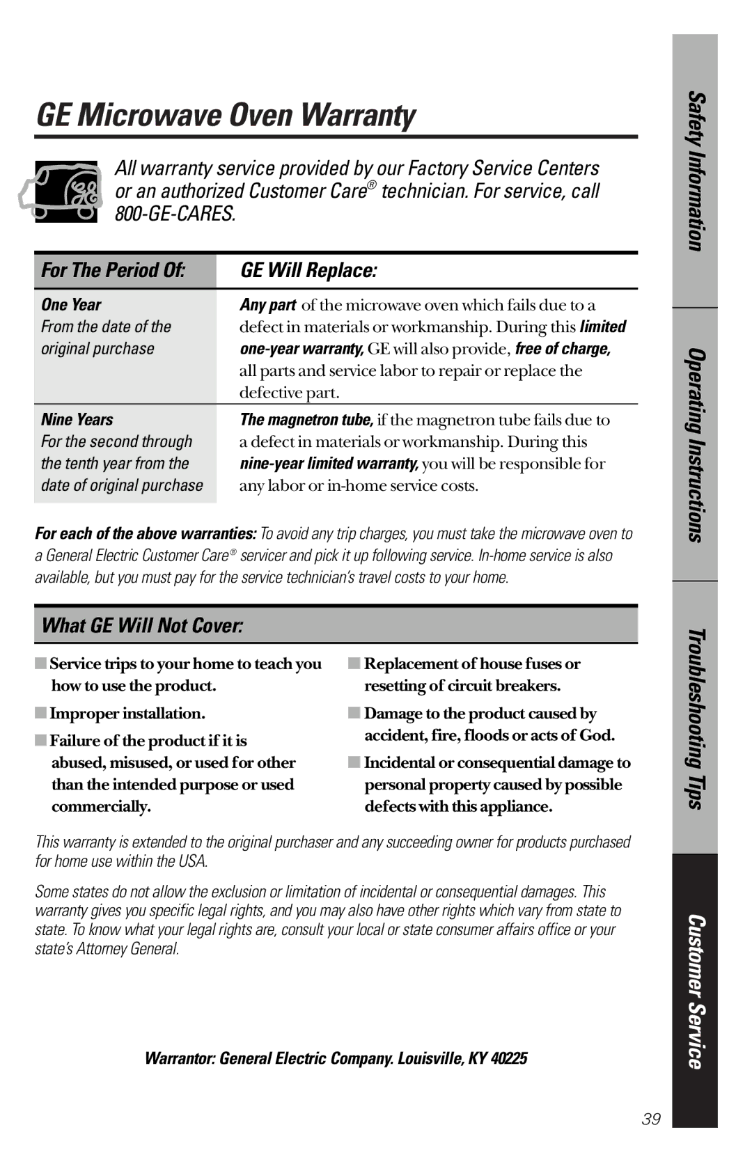 GE JE1340BC, JE1340WC owner manual GE Microwave Oven Warranty, GE Will Replace, What GE Will Not Cover 