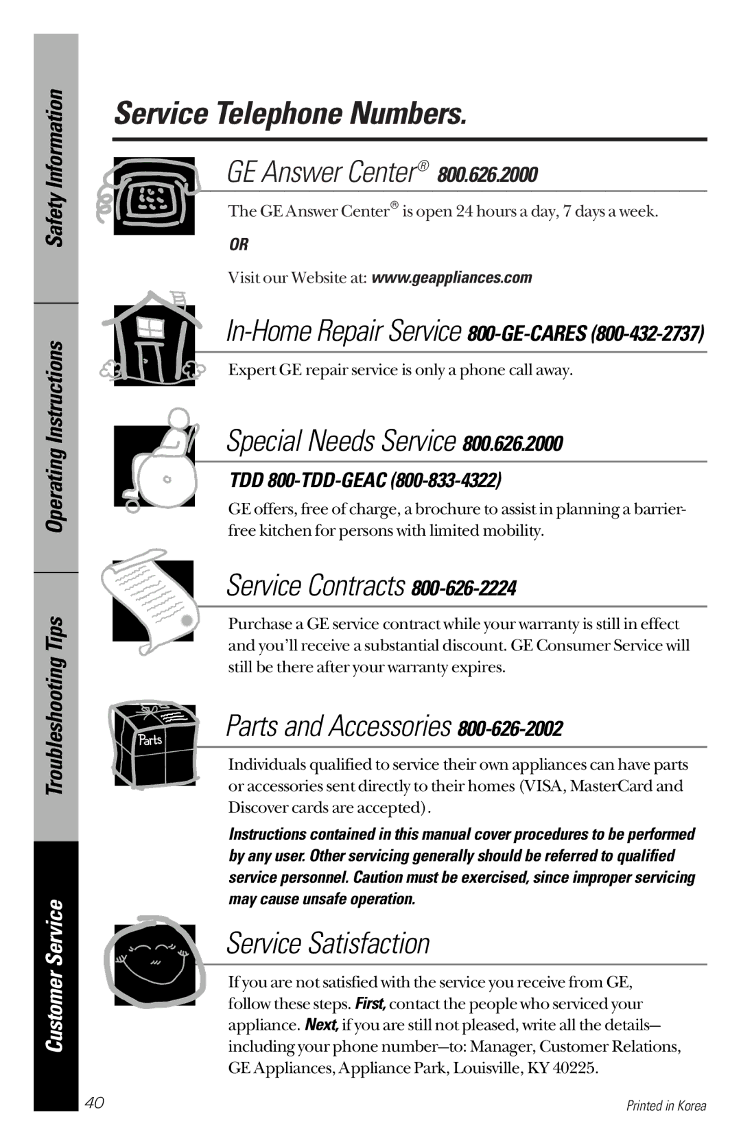 GE JE1340WC, JE1340BC owner manual Service Telephone Numbers, In-Home Repair Service 800-GE-CARES, TDD 800-TDD-GEAC 