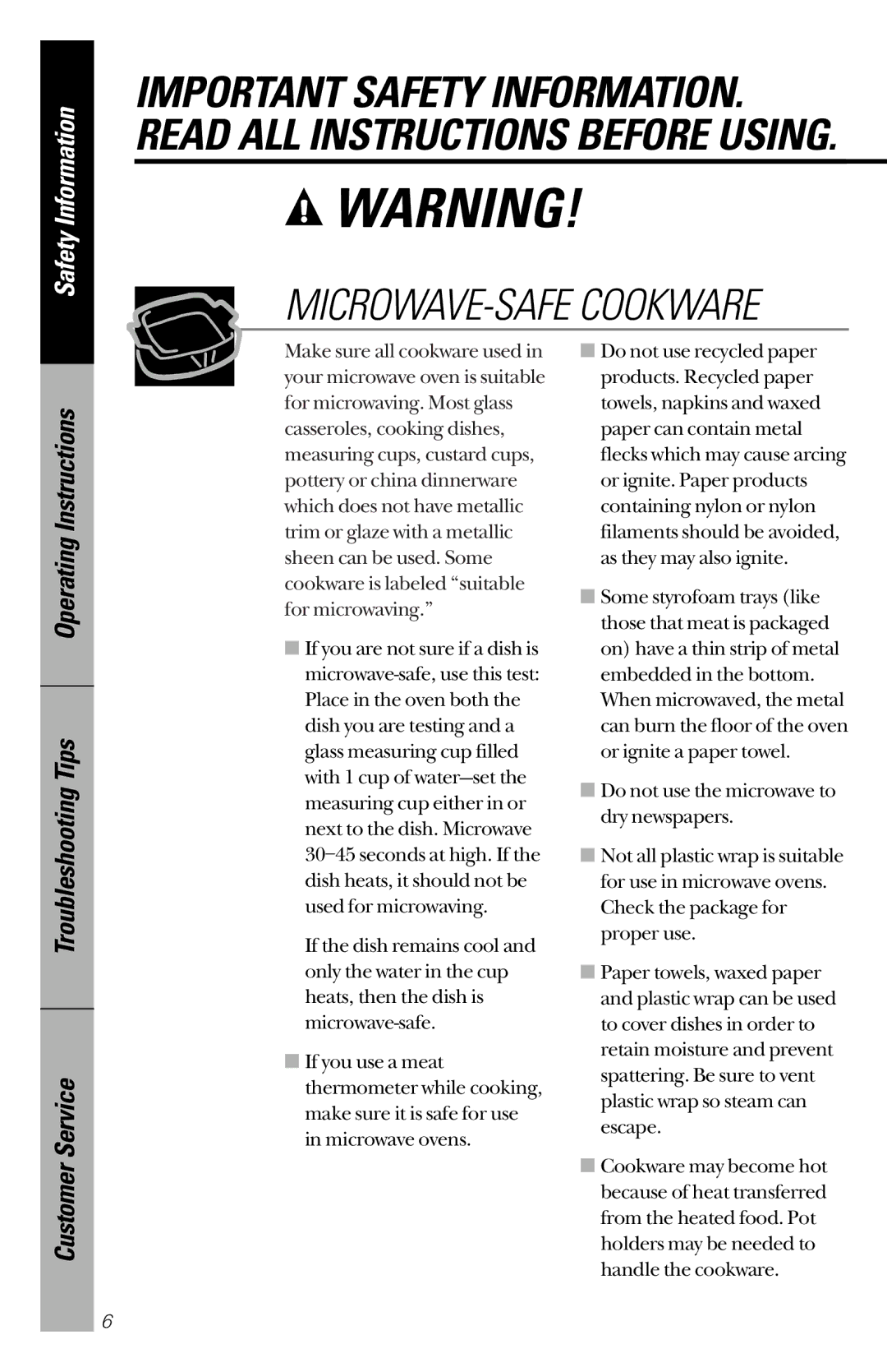 GE JE1340WC, JE1340BC owner manual MICROWAVE-SAFE Cookware 