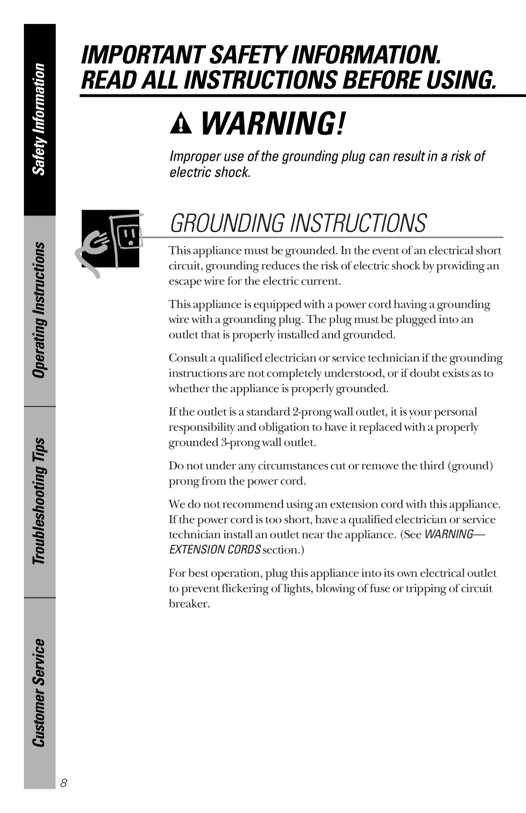 GE JE1340WC, JE1340BC owner manual Grounding Instructions 