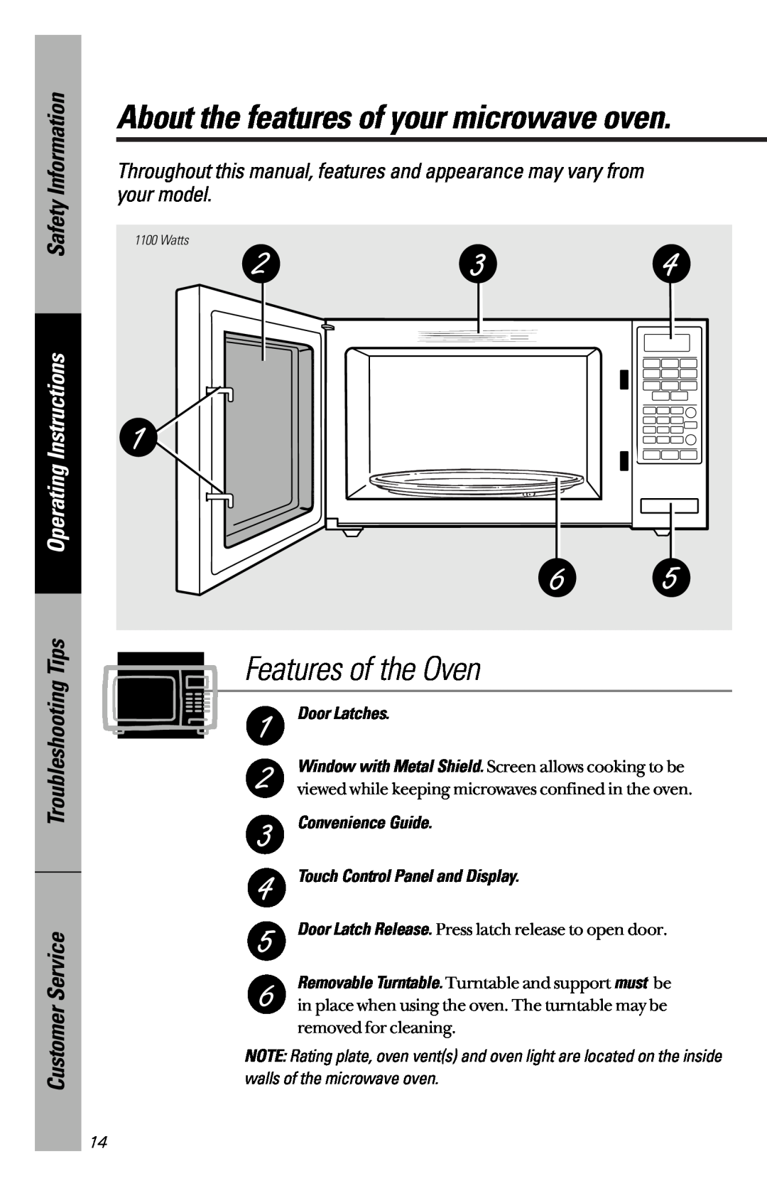 GE JE1340WC Features of the Oven, Safety Information, Operating Instructions, About the features of your microwave oven 