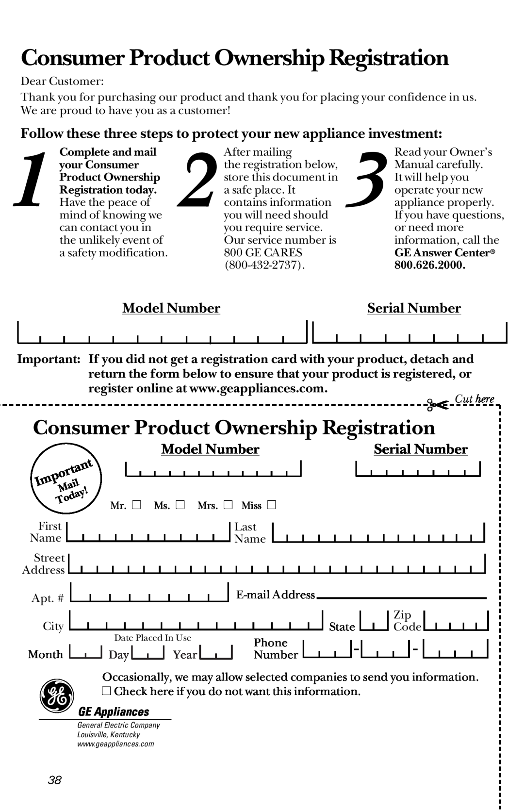 GE JE1340WC Consumer Product Ownership Registration, Follow these three steps to protect your new appliance investment 