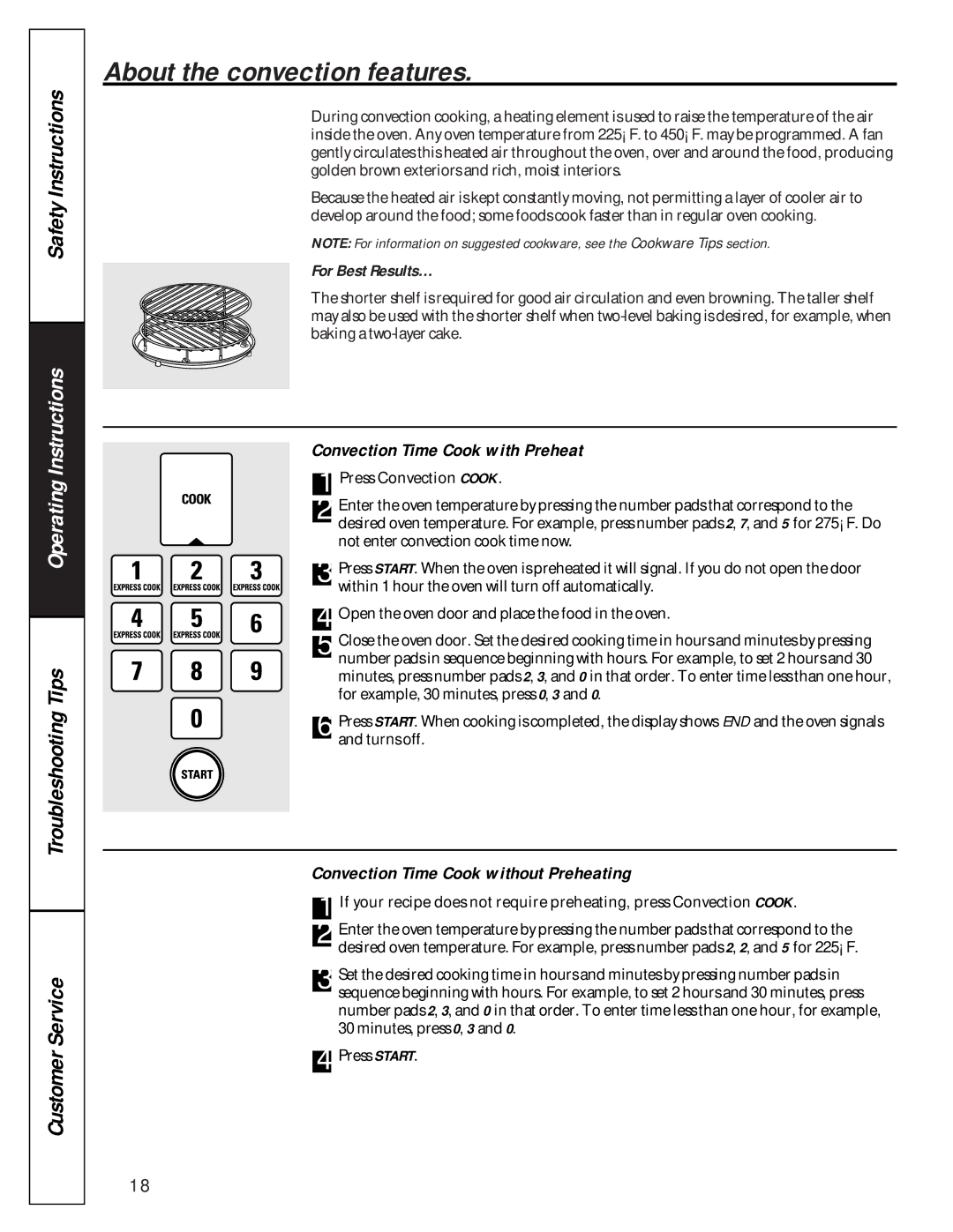 GE JE1390 owner manual Convection Time Cook with Preheat, Convection Time Cook without Preheating 