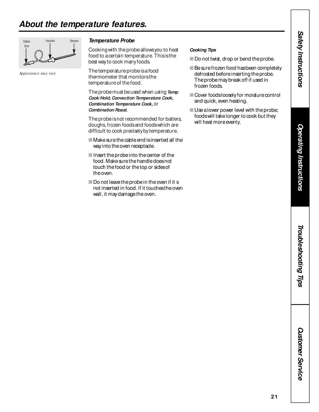 GE JE1390 About the temperature features, Temperature Probe, Combination Temperature Cook, or Combination Roast 