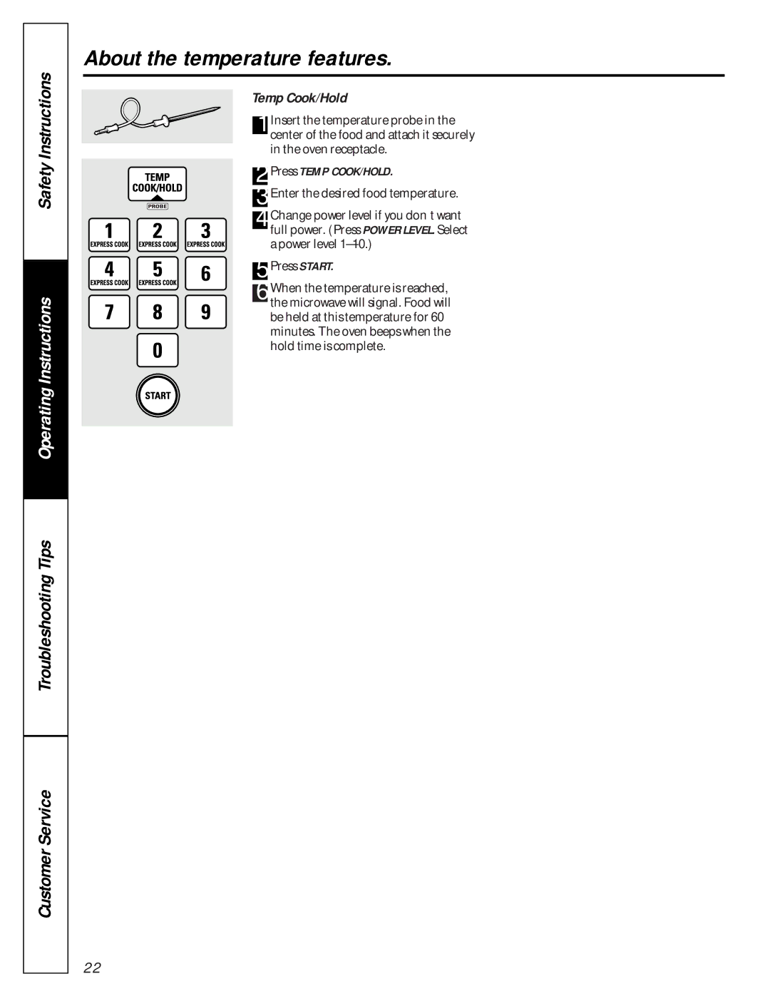 GE JE1390 owner manual Temp Cook/Hold, Press Temp COOK/HOLD 