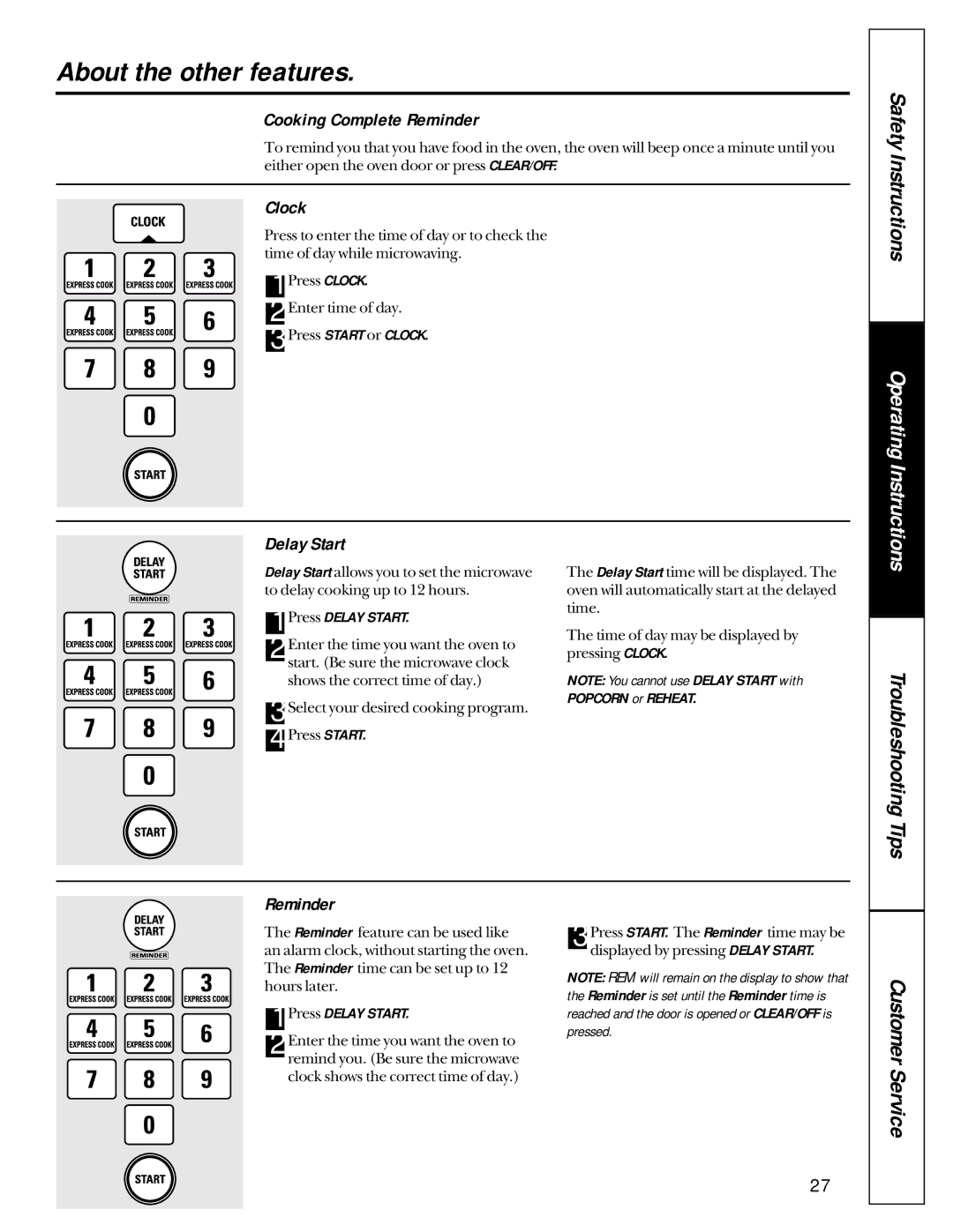 GE JE1390 owner manual About the other features, Cooking Complete Reminder, Clock, Delay Start 