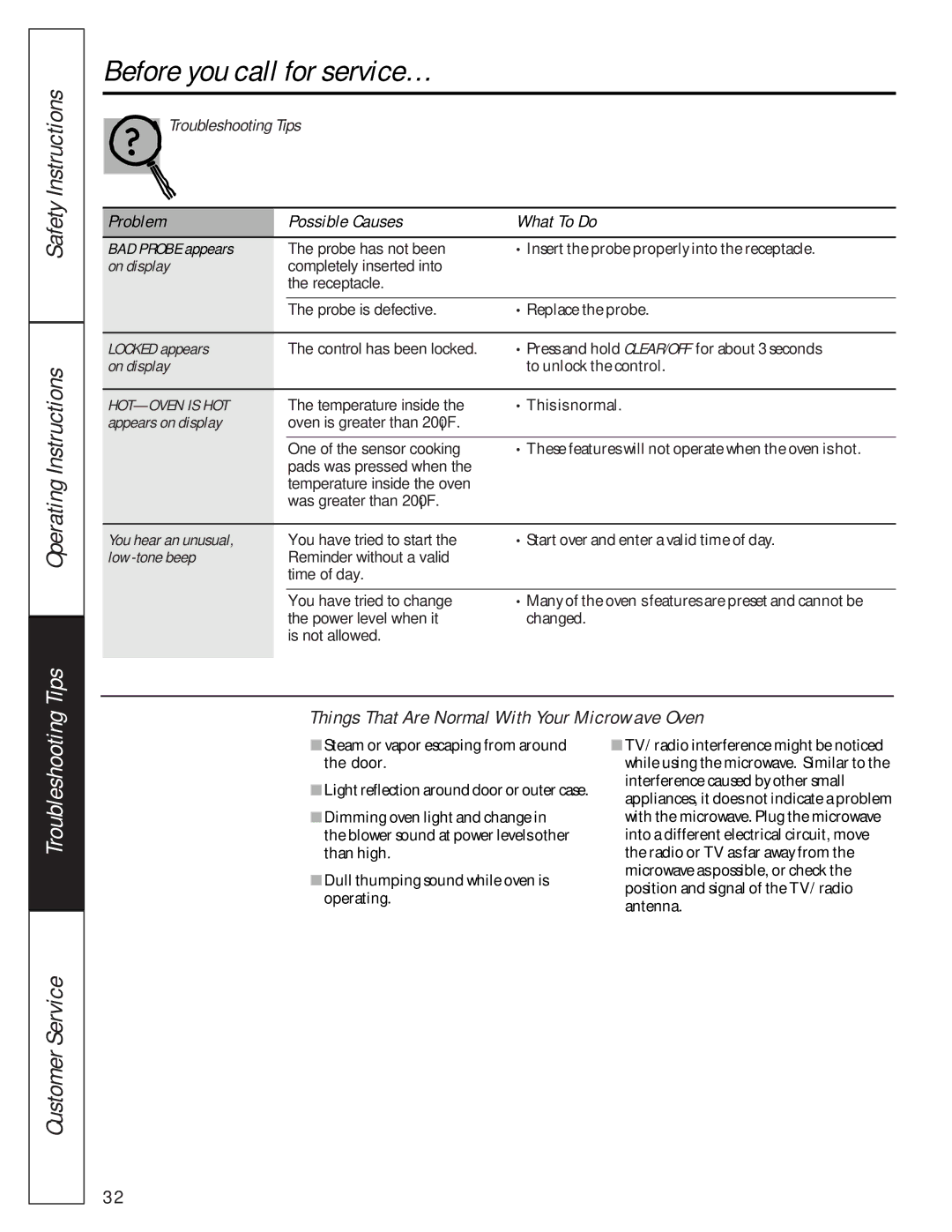 GE JE1390 Things That Are Normal With Your Microwave Oven, BAD Probe appears, Locked appears, You hear an unusual 