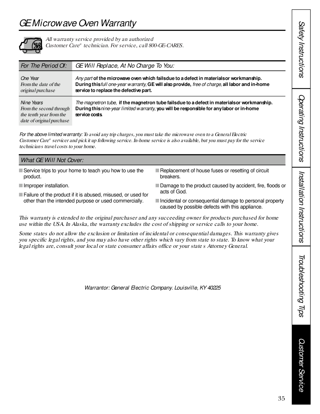 GE JE1390 GE Microwave Oven Warranty, GE Will Replace, At No Charge To You, What GE Will Not Cover, One Year, Nine Years 