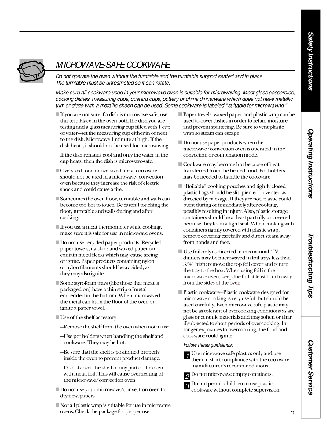 GE JE1390 owner manual MICROWAVE-SAFE Cookware, Follow these guidelines 