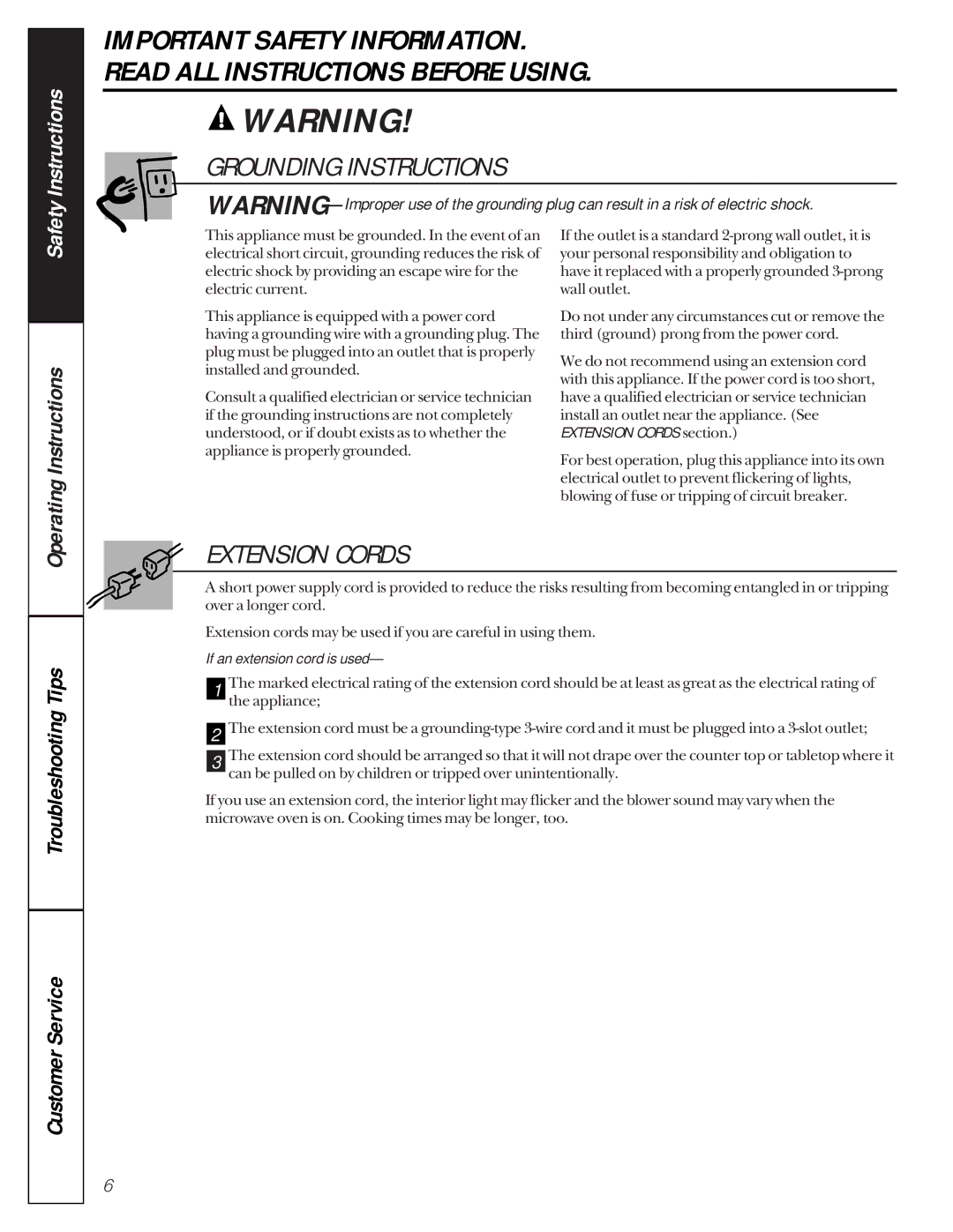 GE JE1390 owner manual Grounding Instructions, If an extension cord is used 