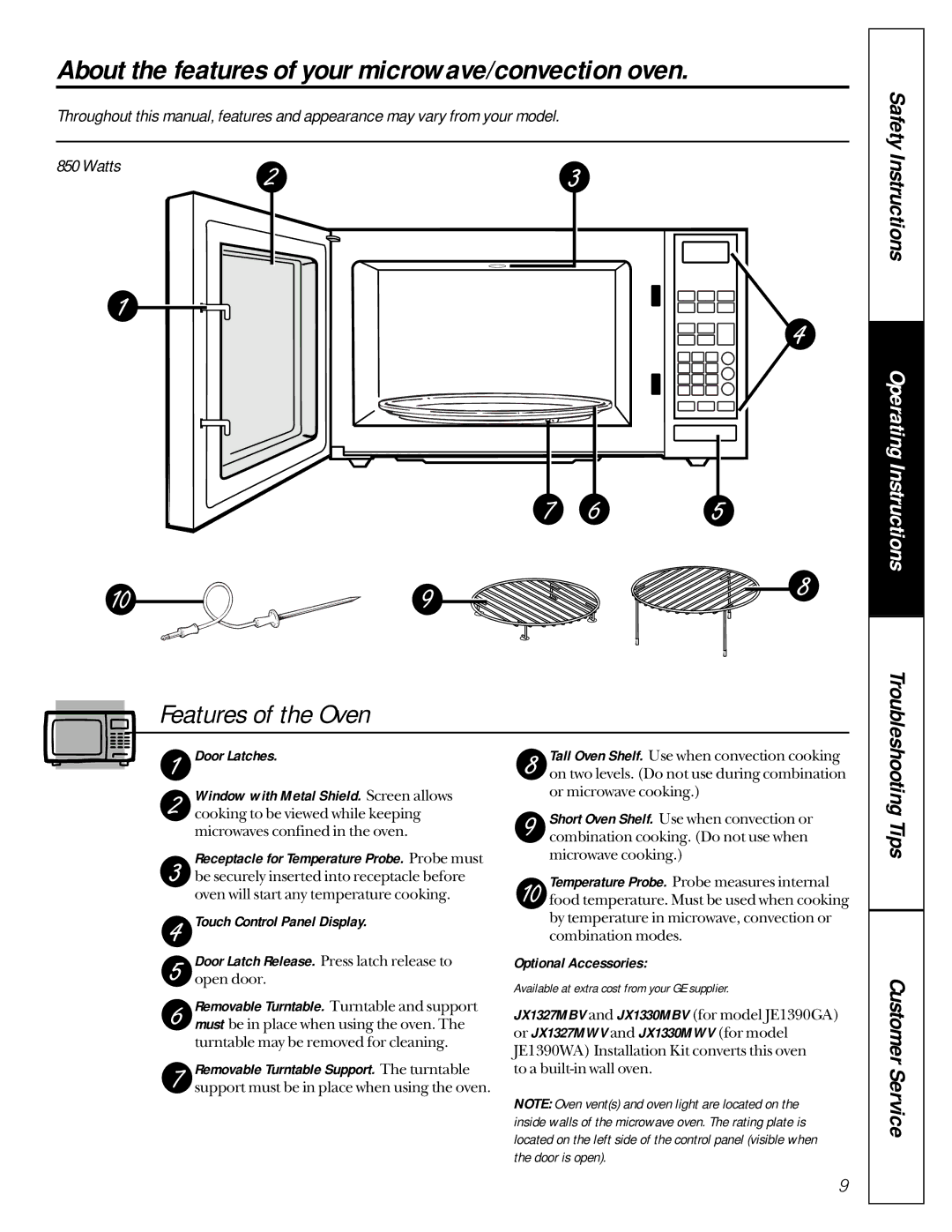 GE JE1390 owner manual About the features of your microwave/convection oven, Door Latches, Touch Control Panel Display 