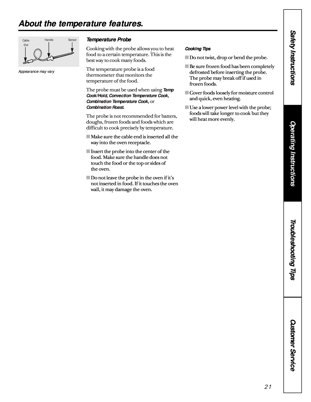 GE JE1390 owner manual About the temperature features, Safety Instructions, Operating Instructions, Temperature Probe 