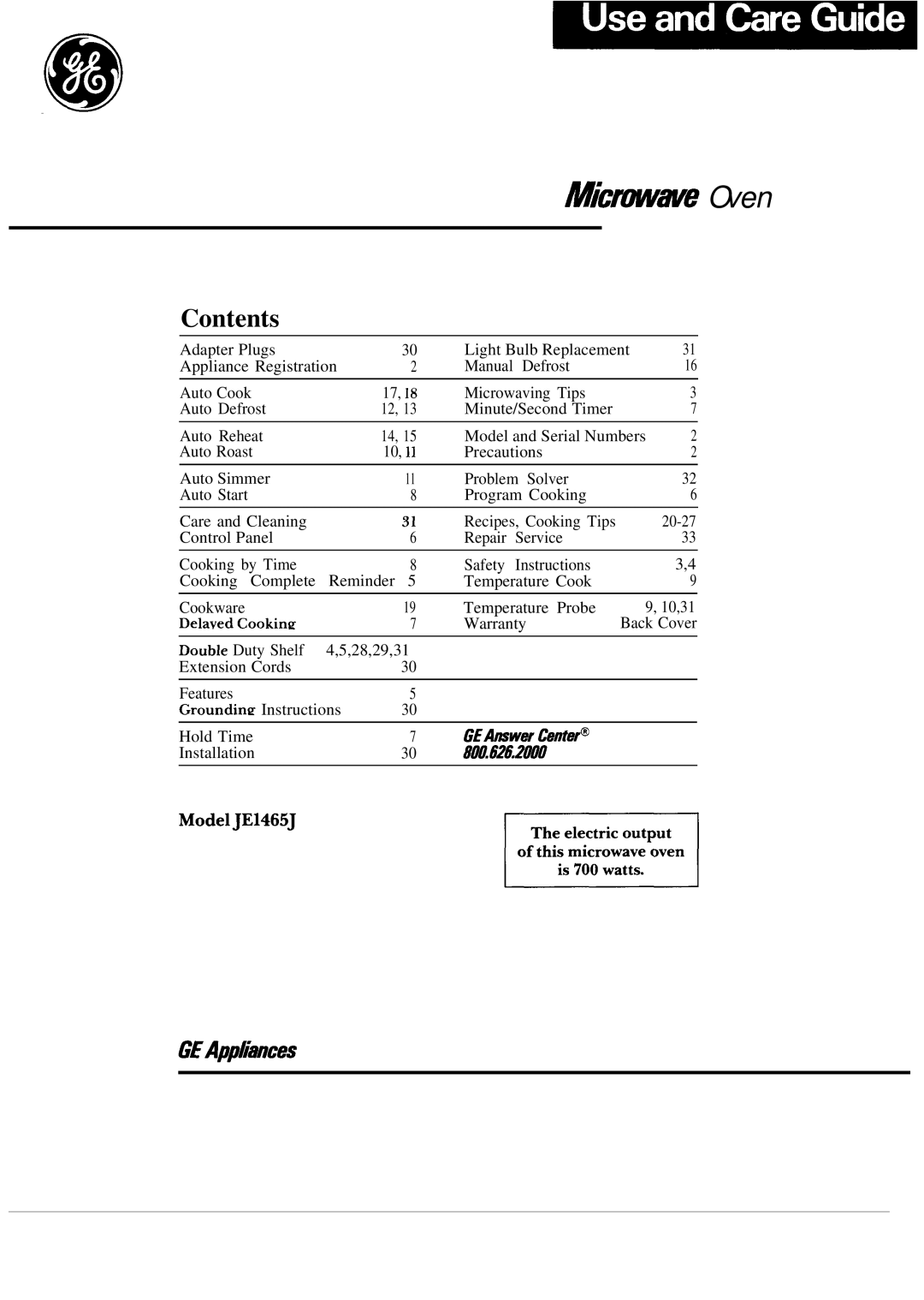 GE JE1465J warranty Micmme Oven 