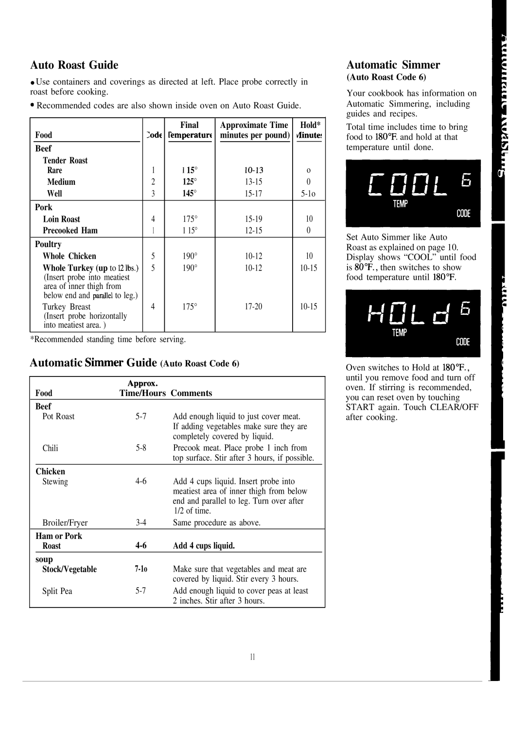 GE JE1465J warranty Auto Roast Guide, Automatic Simmer Guide Auto Roast Code 