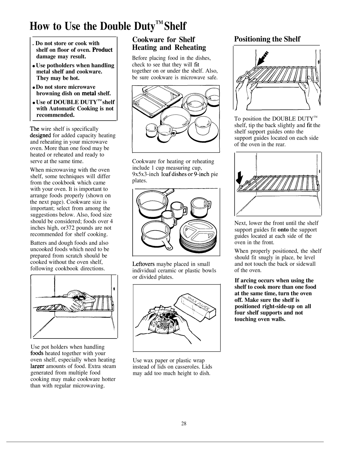 GE JE1465J warranty How to Use the Double DutyTM Shelf, Positioning the Shelf, Cookware for Shelf Heating and Reheating 