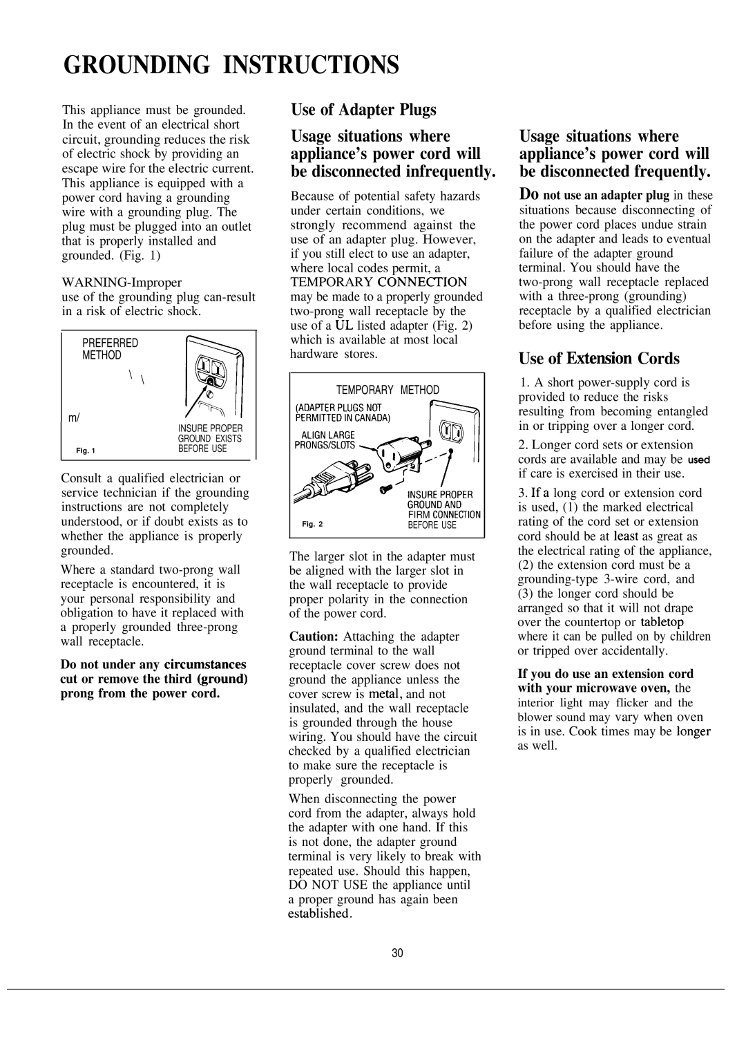 GE JE1465J warranty Use of Adapter Plugs, Use of Etiension Cords, If you do use an extension cord with your microwave oven 