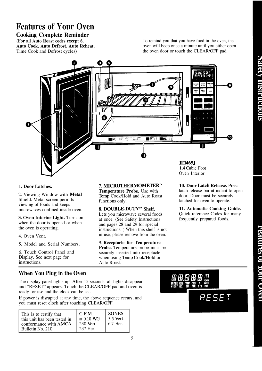 GE JE1465J warranty Features of Your Oven, Cooting Complete Reminder, When You Plug in the Oven, Door Latches 