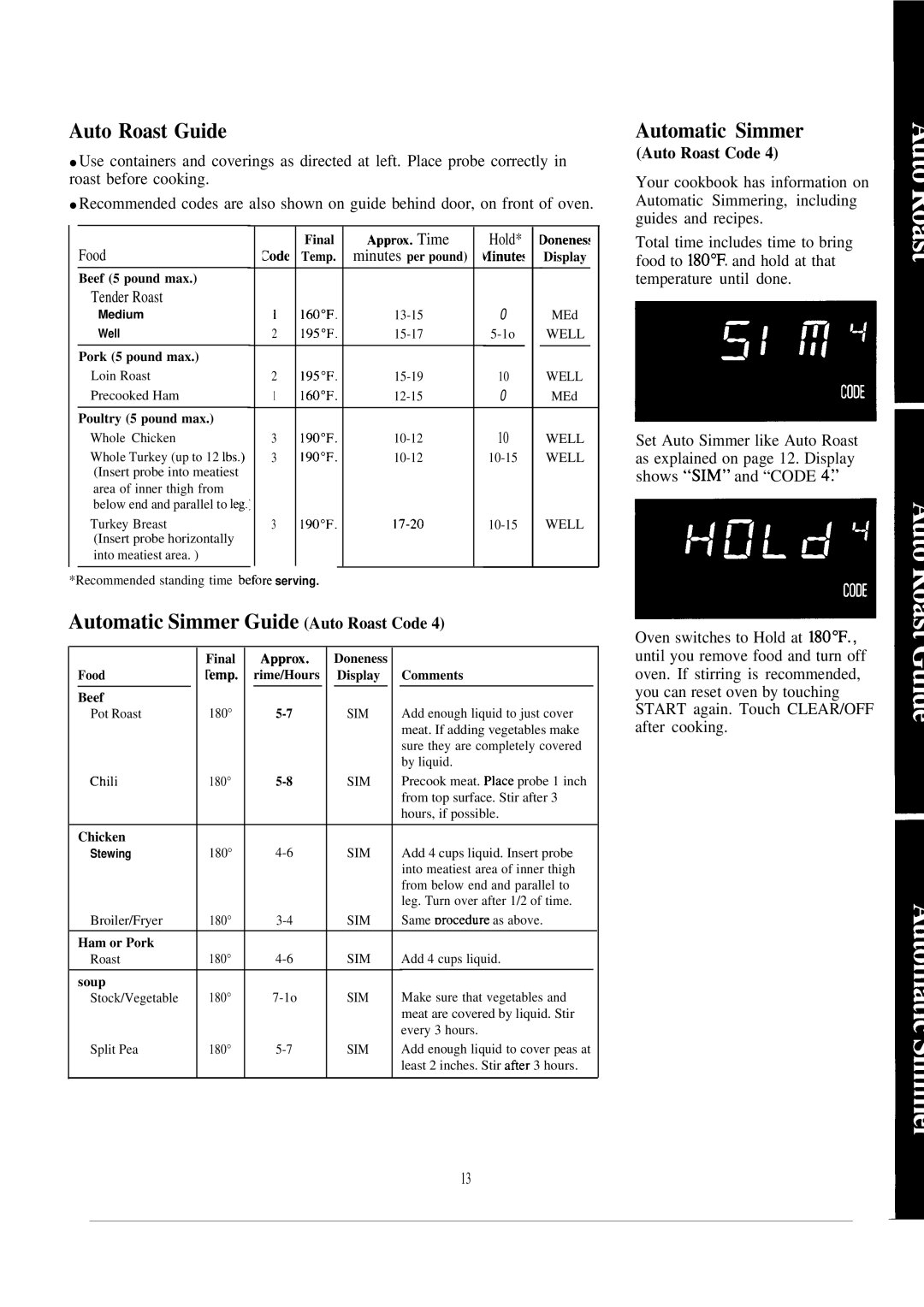 GE JE1465K manual Auto Roast Guide, Automatic Simmer Guide Auto Roast Code 