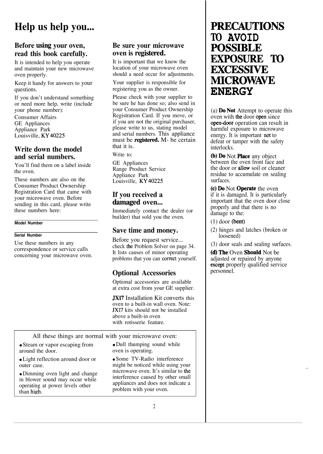 GE JE1465K manual Help us help you, If you received a MWed oven, Save time and money, Optional Accessories 