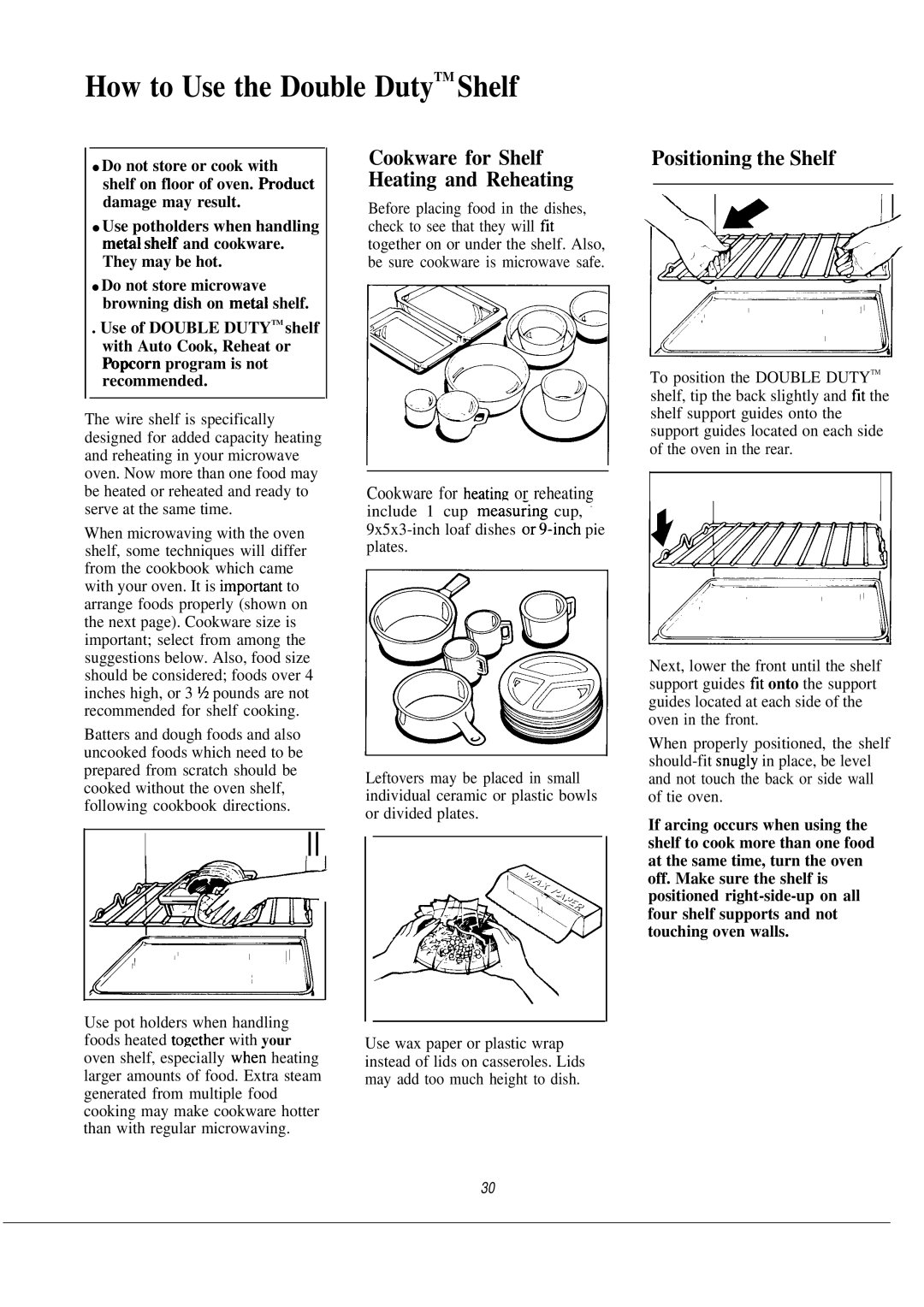 GE JE1465K manual How to Use the Double DutyTM Shelf, Positioning the Shelf, Cookware for heating or reheating 