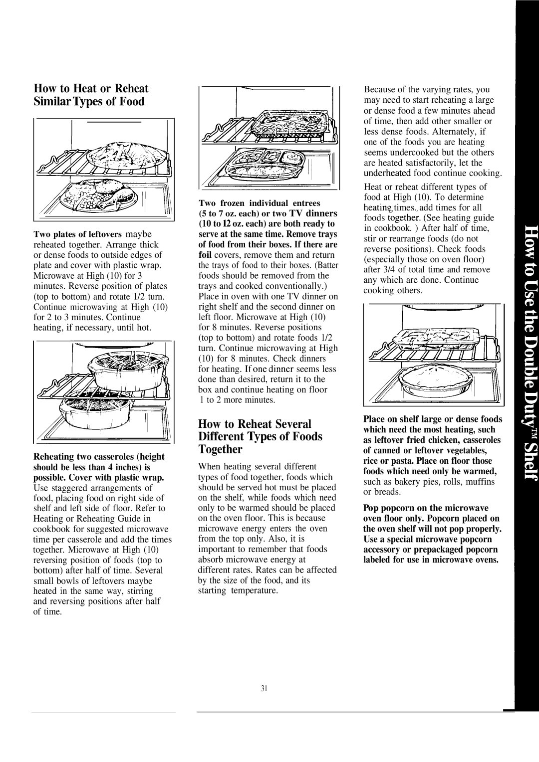 GE JE1465K manual How to Reheat Several Different ~pes of Foods Together, How to Heat or Reheat Similar~pes of Food 