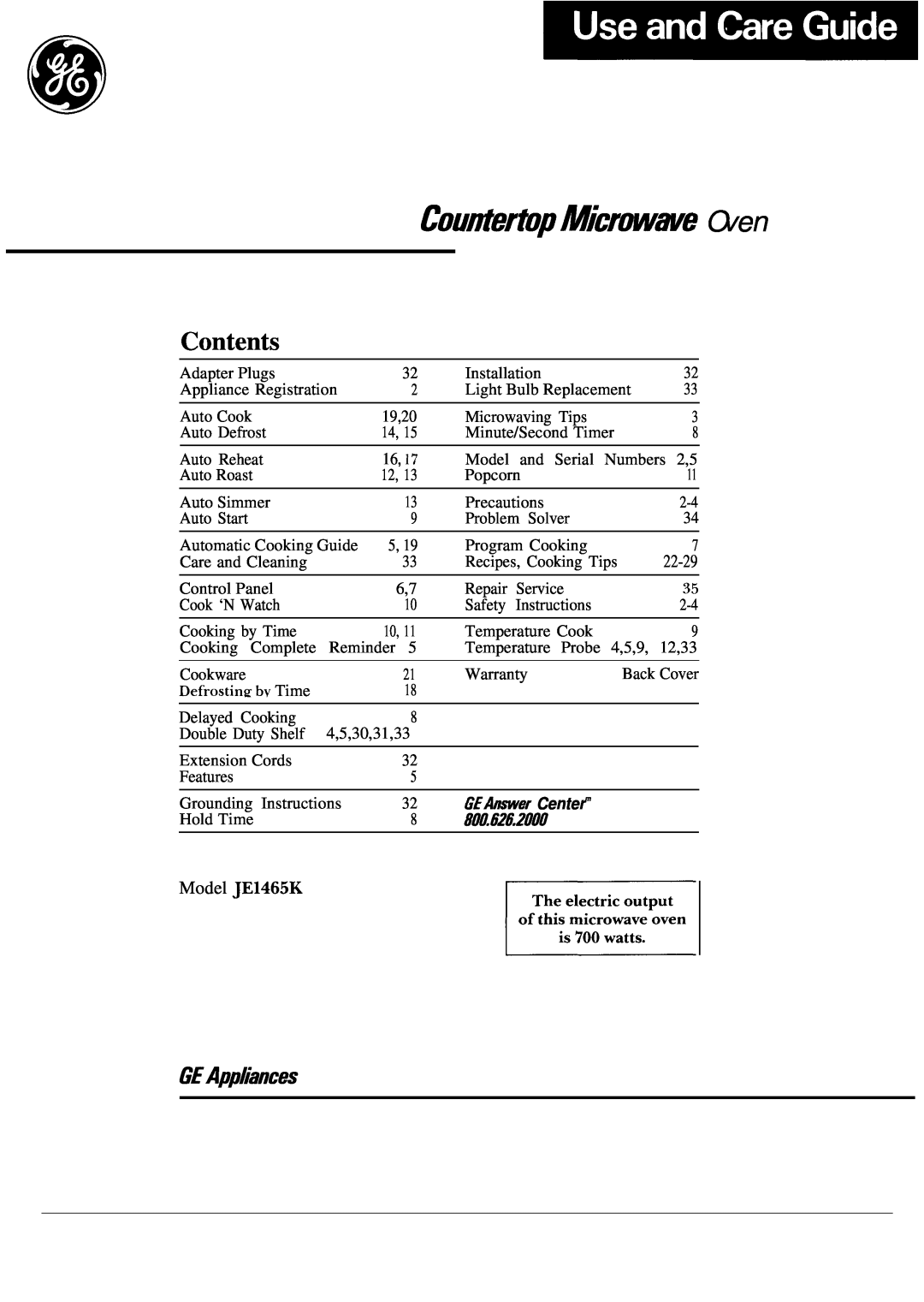 GE JE1465K manual Contents, CouMertipMicrwwe Oven, GEAppiances, GEAmer Centerm, 80~6262000 