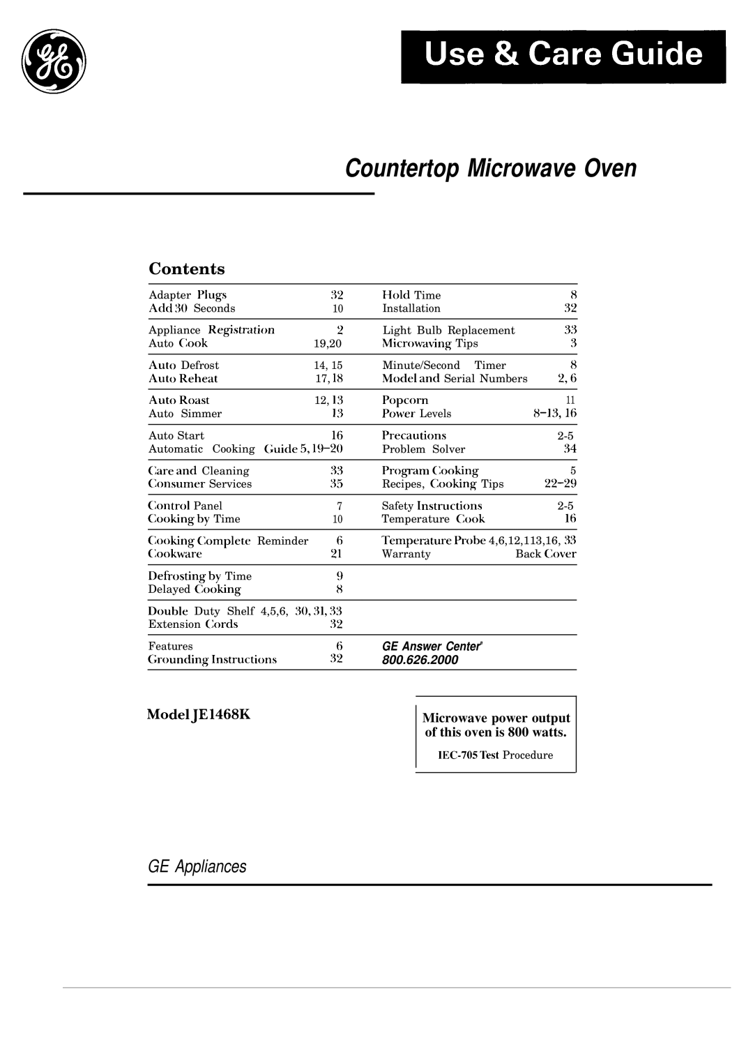 GE JE1468K manual Countertop Microwave Oven 