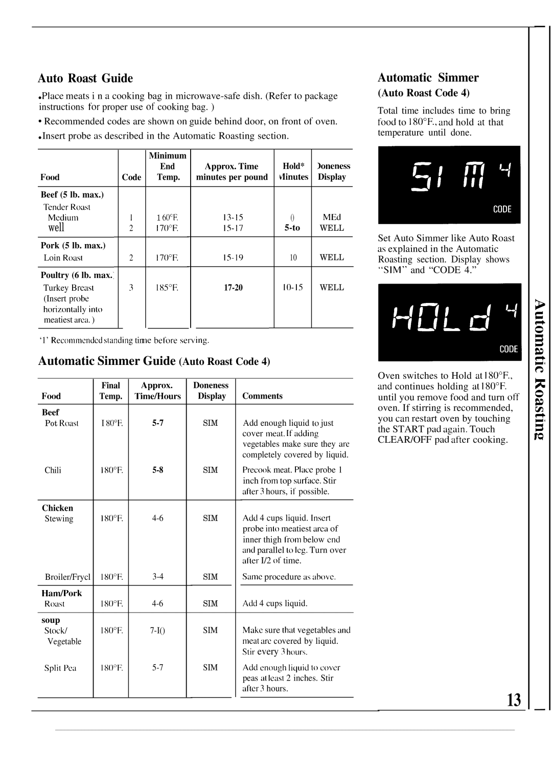 GE JE1468K manual Auto Roast Guide, Automatic Simmer Guide Auto Roast Code 