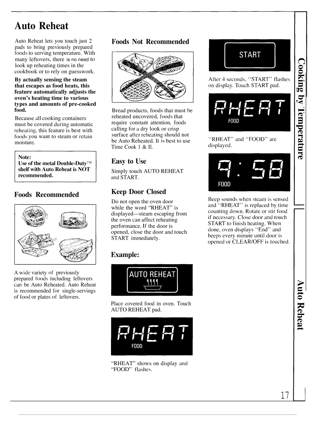 GE JE1468K manual Auto Reheat, Foods Recommended Foods Not Recommended, Easy to Use, Keep Door Closed, Example 