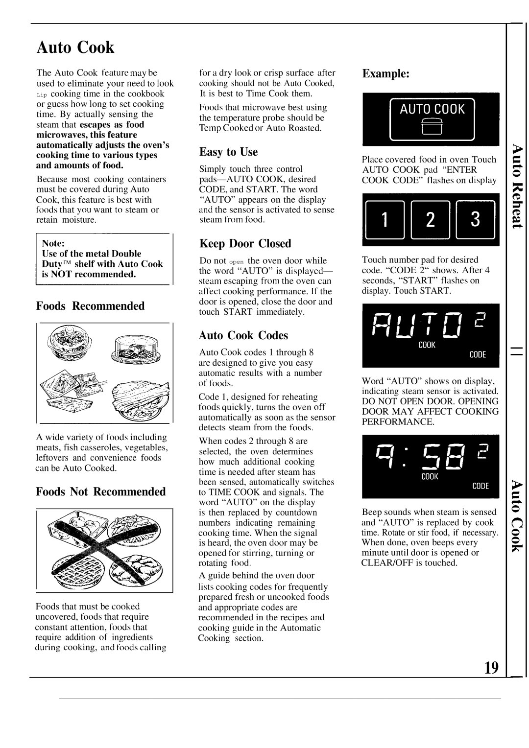 GE JE1468K manual Foods Recommended, Auto Cook Codes, Example ~m~ 