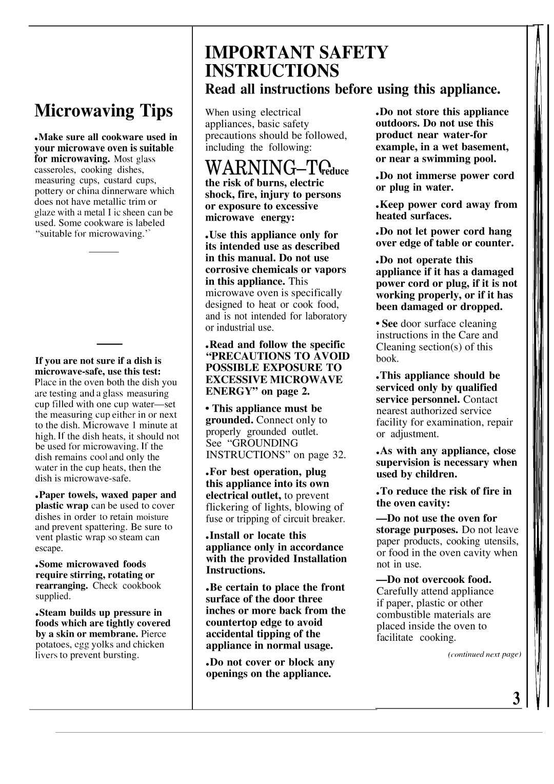 GE JE1468K manual Important Safety Instructions, Microwaving Tips 