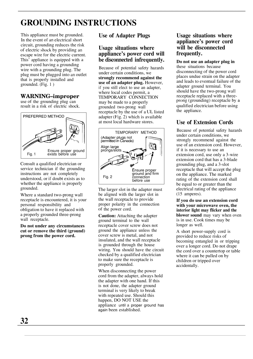 GE JE1468K manual Use of Adapter Plugs, Use of Extension Cords, Do not use an adapter plug 