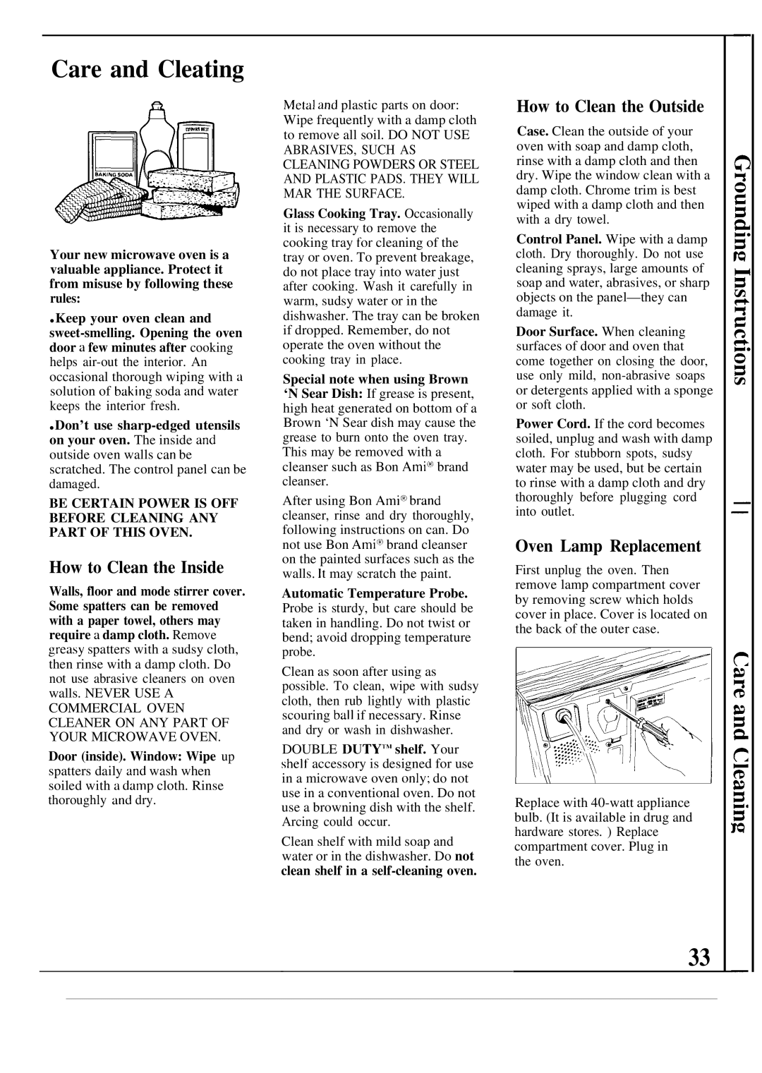 GE JE1468K manual Care and Cleating, How to Clean the Inside, How to Clean the Outside, Oven Lamp Replacement 