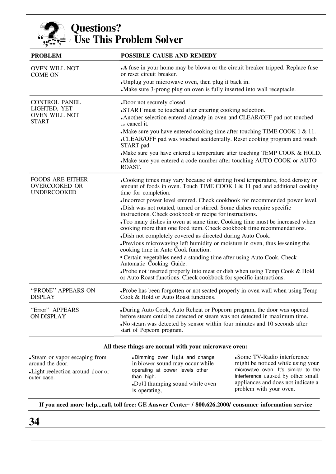 GE JE1468K manual ~ = Use This Problem Solver, All these things are normal with your microwave oven 