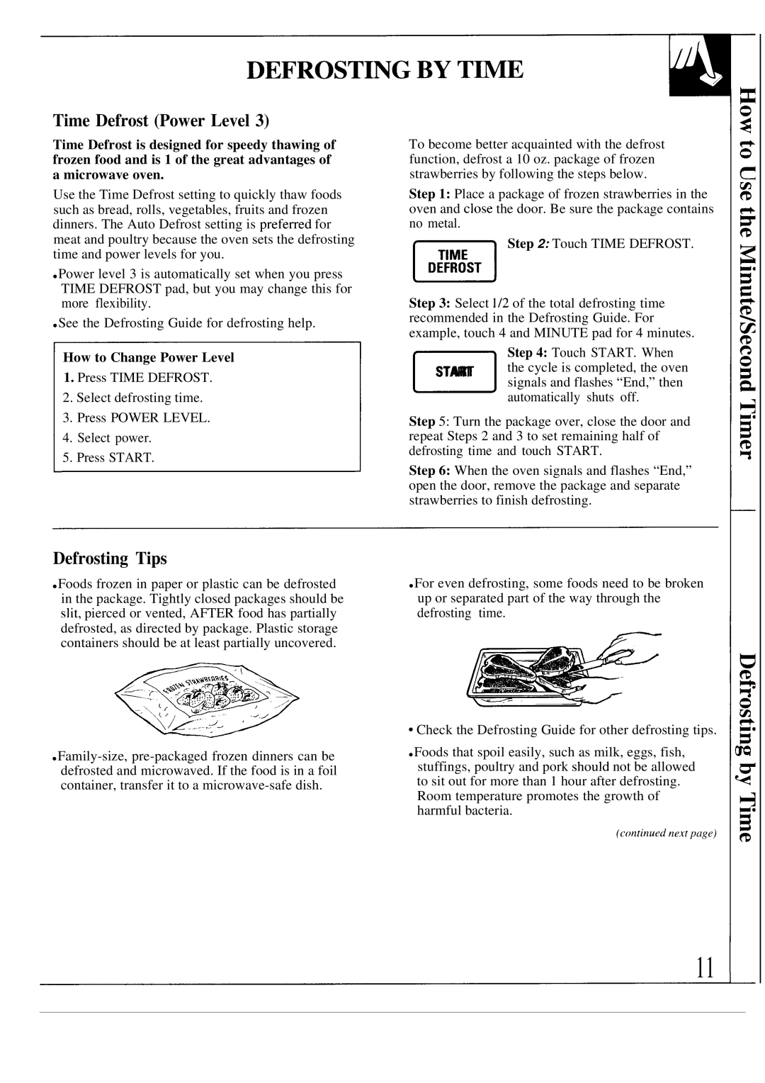 GE JE1468L operating instructions Time Defrost Power Level, Defrosting Tips, How to Change Power Level 