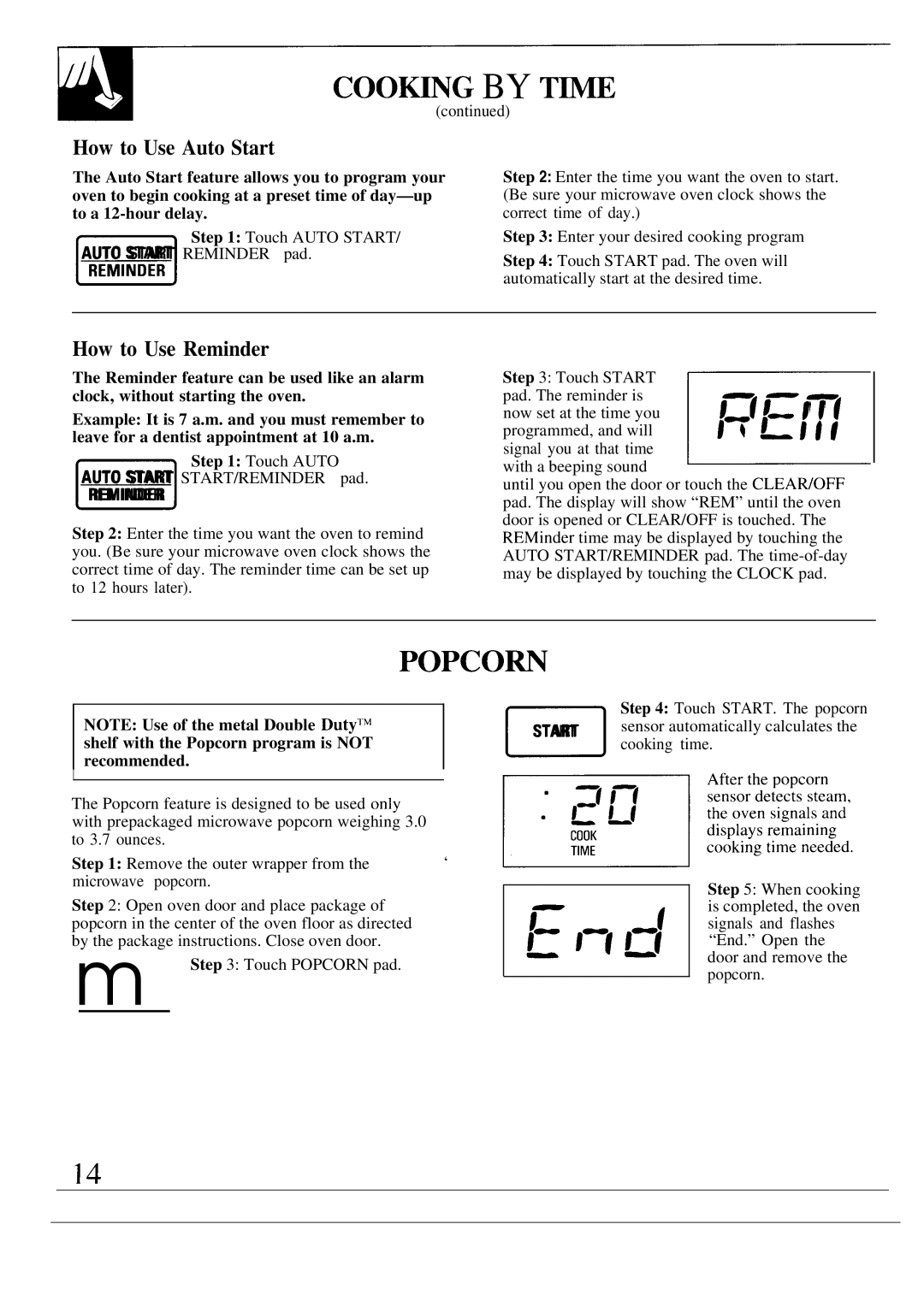 GE JE1468L PoPcom, How to Use Auto Start, How to Use Reminder, Shelf with the Popcorn program is not, Recommended 