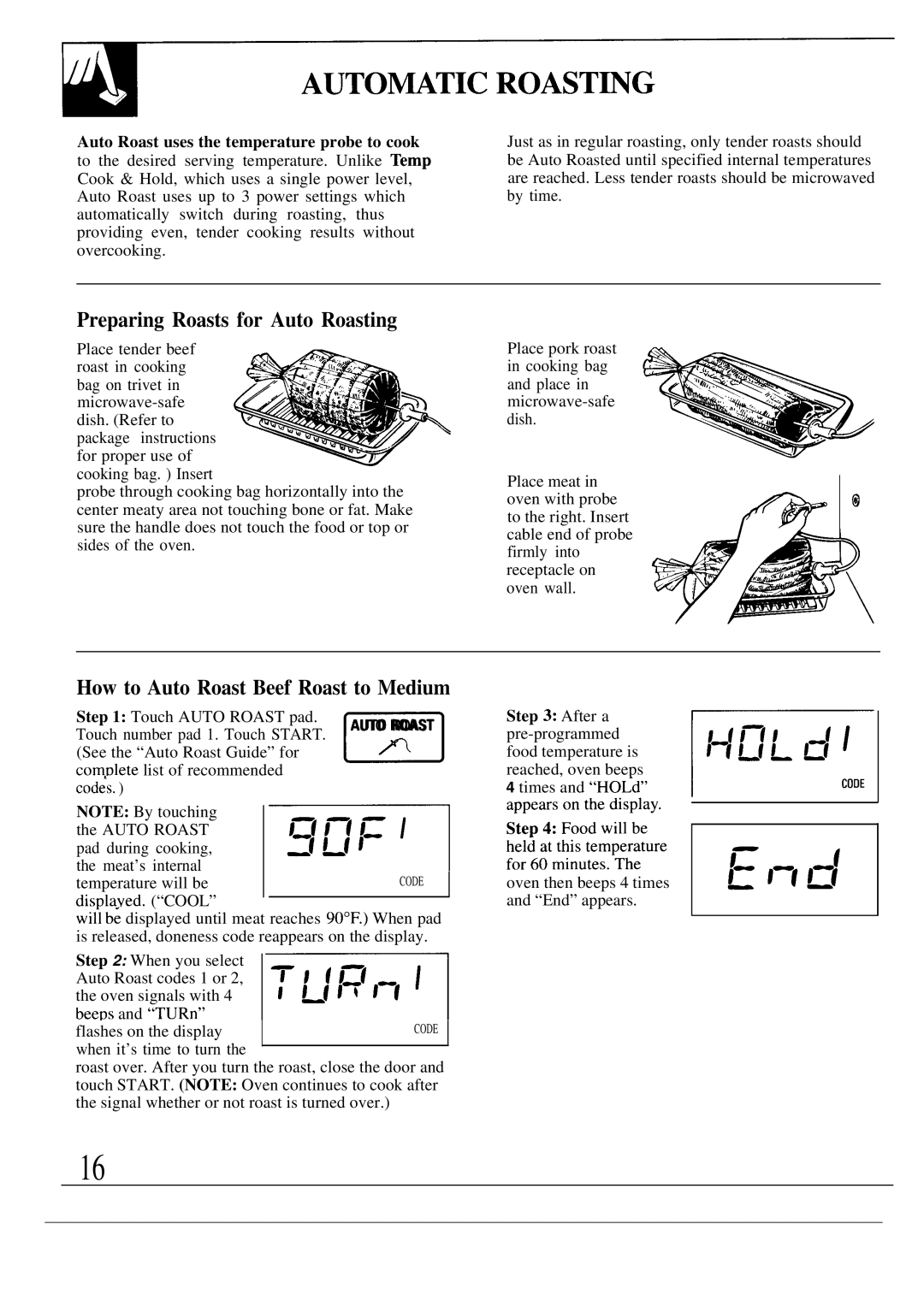 GE JE1468L Auto~Tic Roast~G, Preparing Roasts for Auto Roasting, How to Auto Roast Beef Roast to Medium 