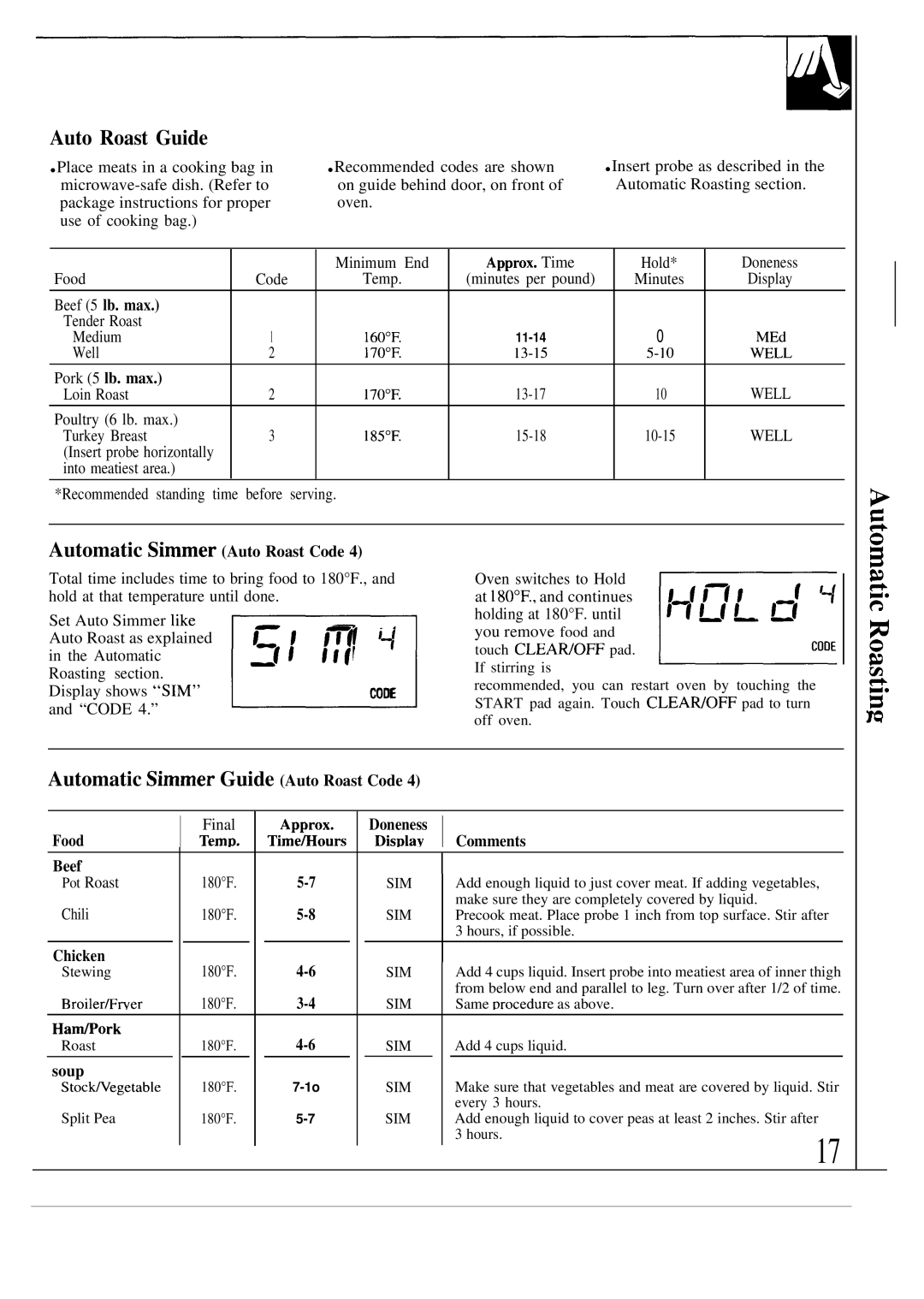 GE JE1468L operating instructions Auto Roast Guide, Automatic Simmer Guide Auto Roast Code 